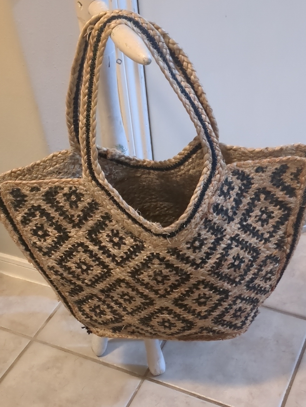 Free People Woven Jute Tote Bag in Natural and Black